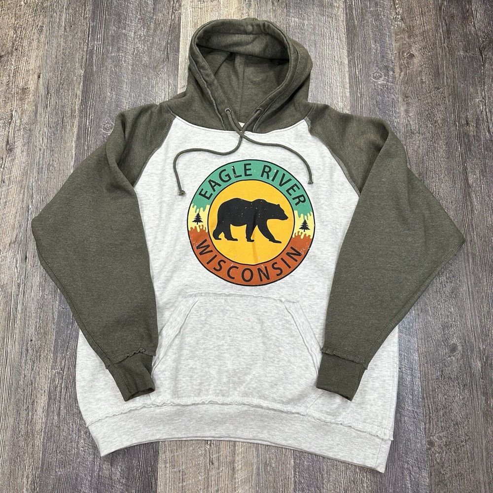 U.S. Vintage Hoodie Men Large Gray Green Eagle River Wisconsin Bear‎ Raglan